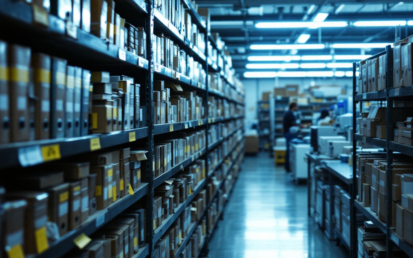 A records room of bound case files on metal shelving, fluorescent light