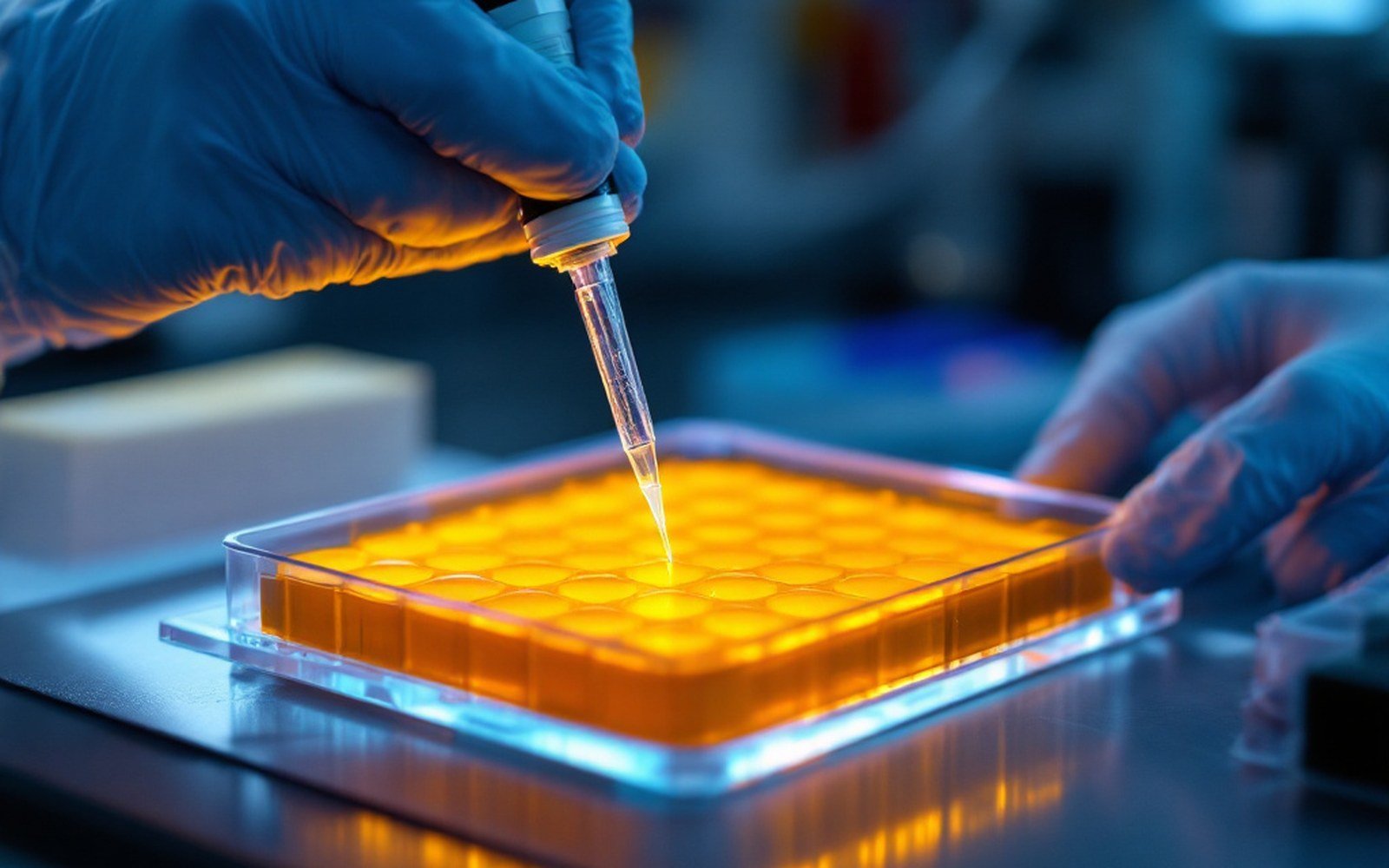 A gloved adult hand loading a sample into a gel tray with a fine pipette, bench lighting