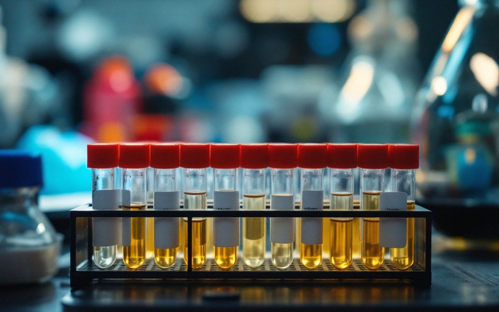 A rack of small labelled sample tubes on a laboratory bench under even light