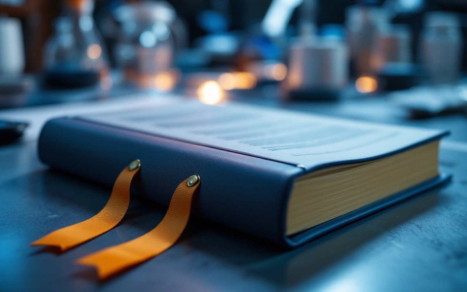 A bound official report lying closed on a desk with a bookmark ribbon