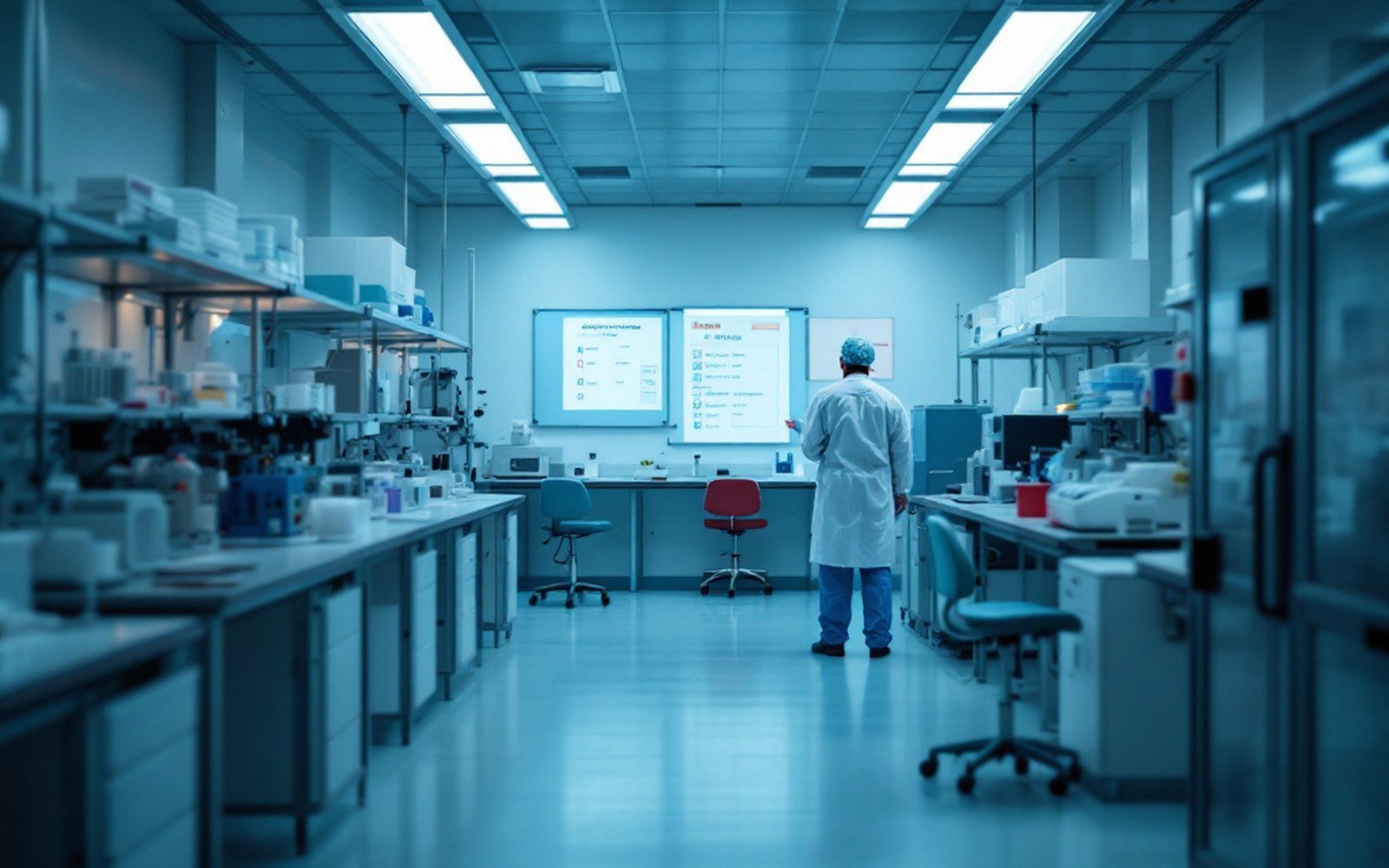 Empty lab clean area with gowning shelves and a sign-in sheet