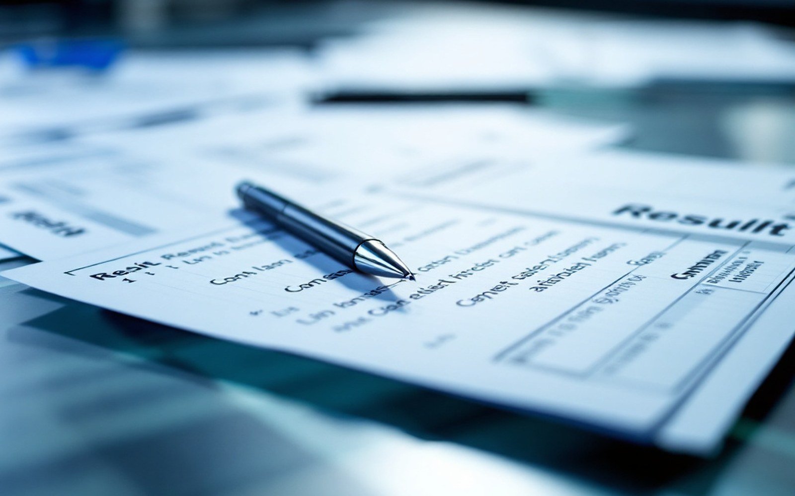 Several identical printed result sheets fanned out on a table with a pen resting on one