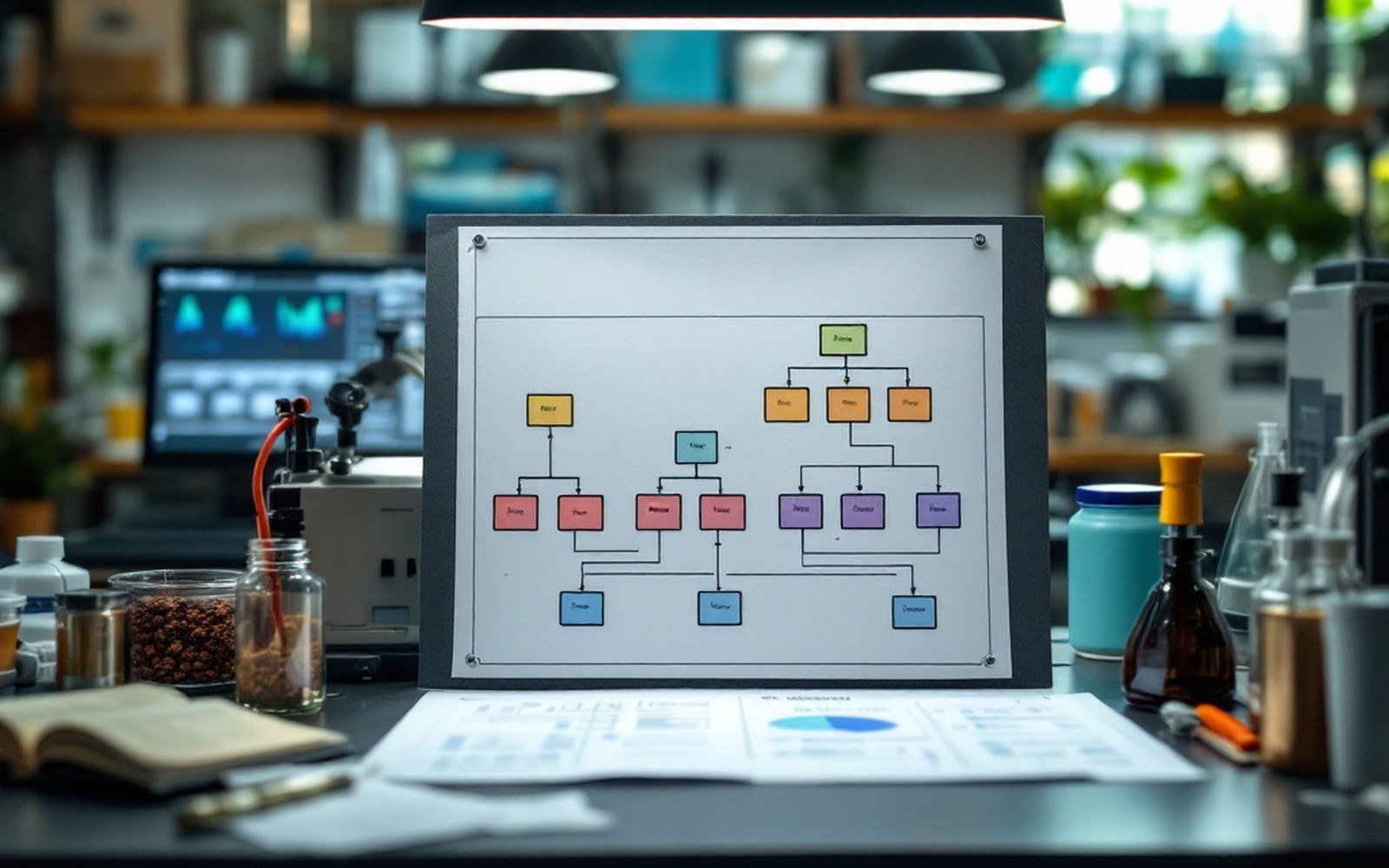 A printed family chart of boxes and connecting lines on a desk