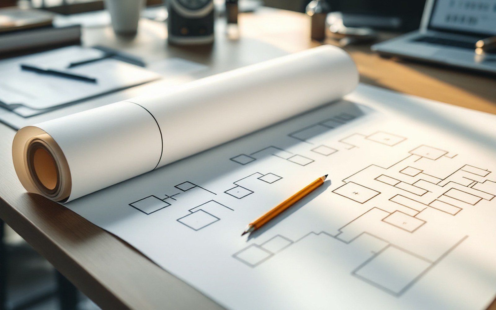 A plain office desk with a large printed family tree chart unrolled across it, a pencil and a laptop at the edge, daylight from a window