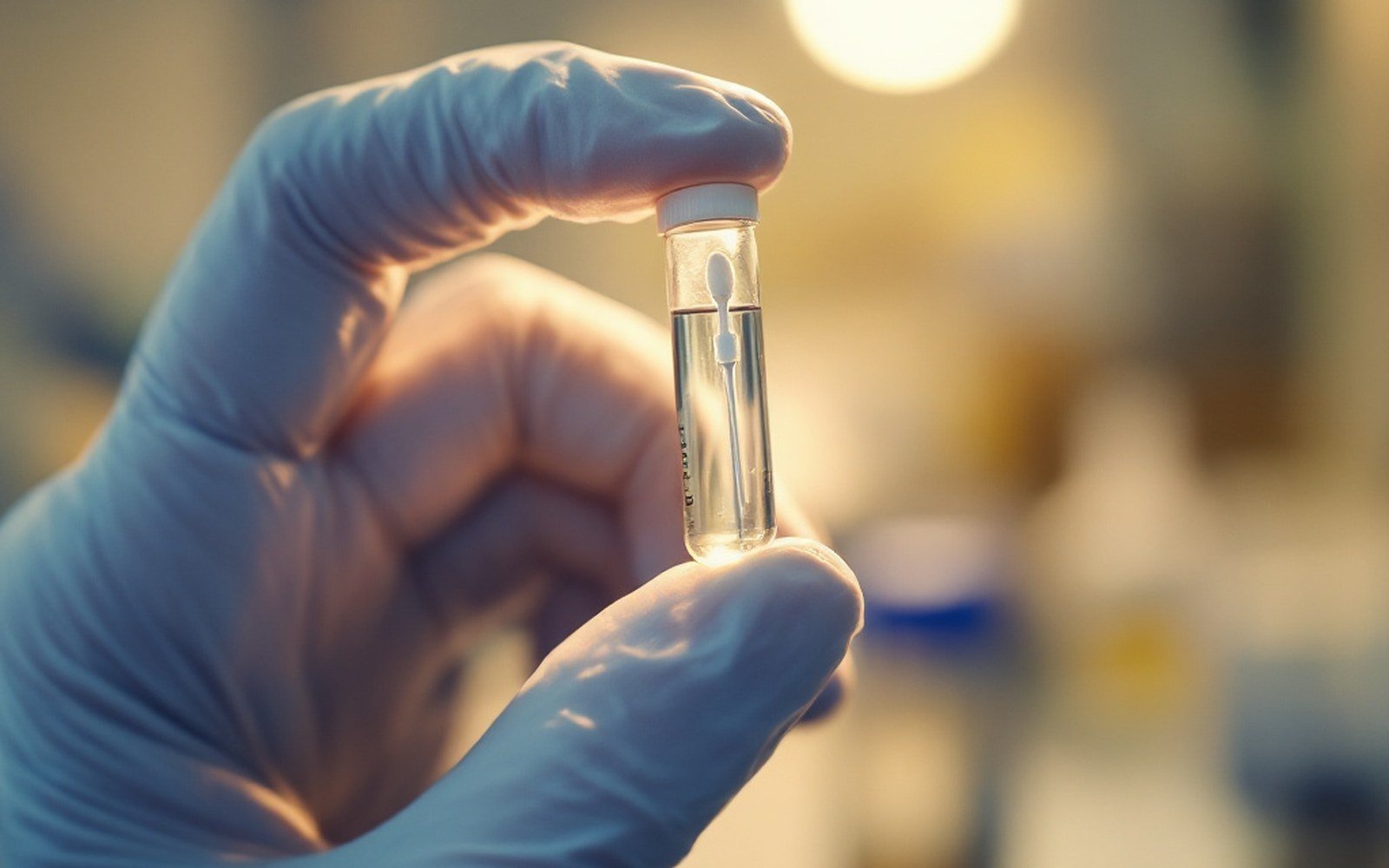 A single very small swab head in a tube held up in gloved fingers against bench light