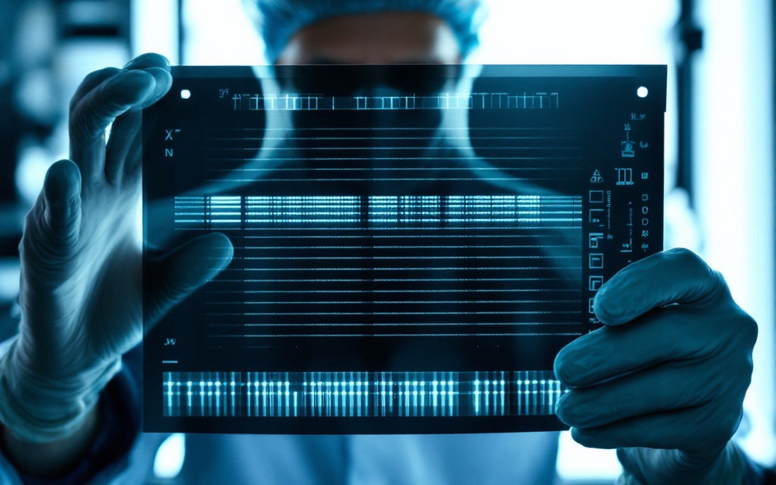 Gloved hands hold a backlit panel showing a DNA barcode-like banding pattern