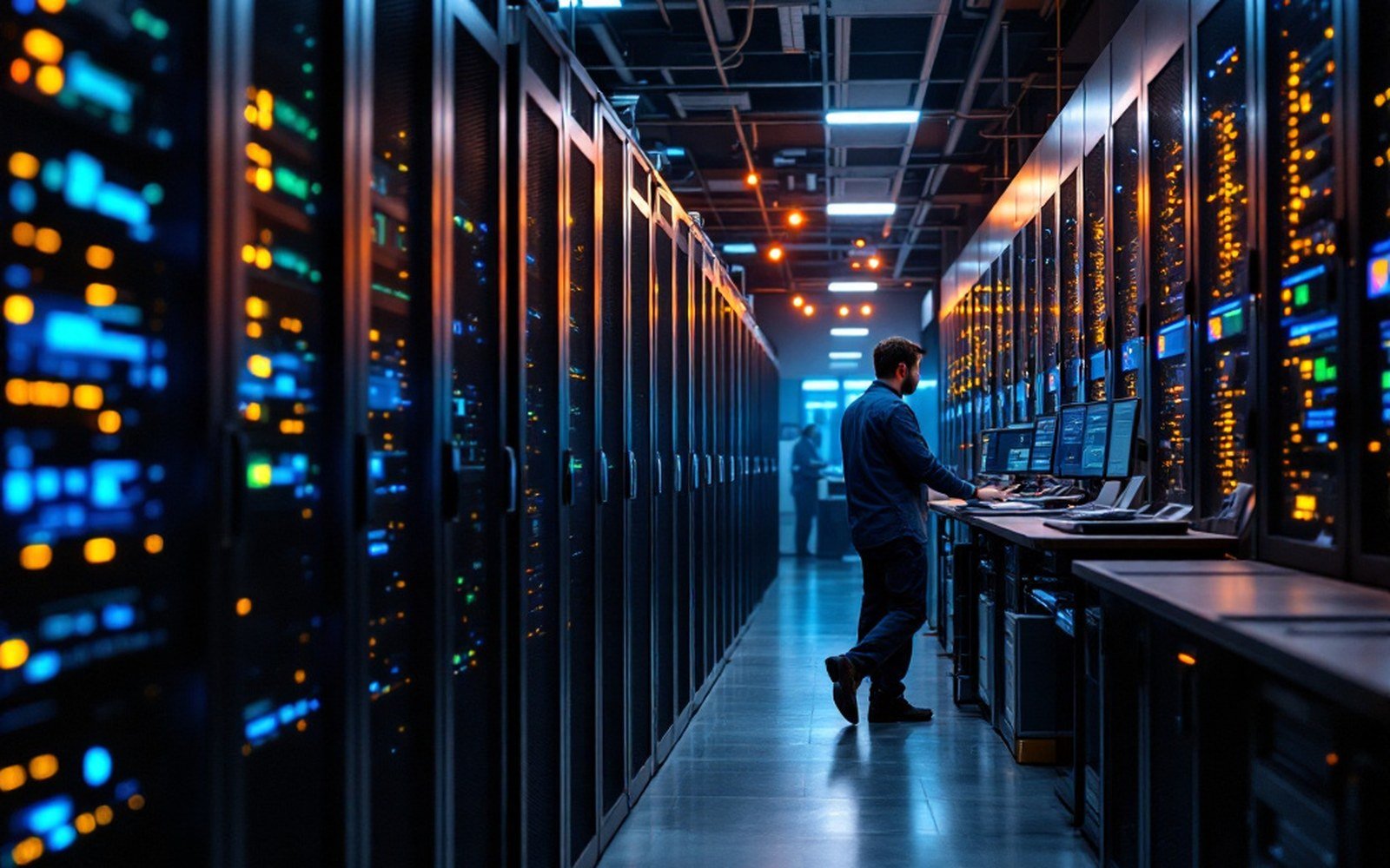 A server room aisle with racked equipment and status lights, cool light
