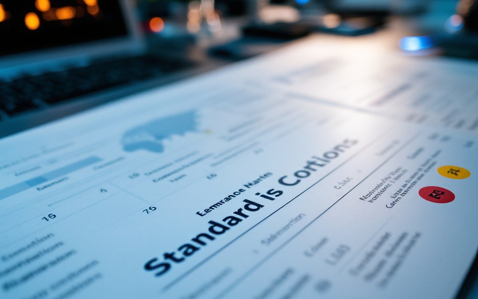 A printed standards document open at a table of numbered loci, desk light