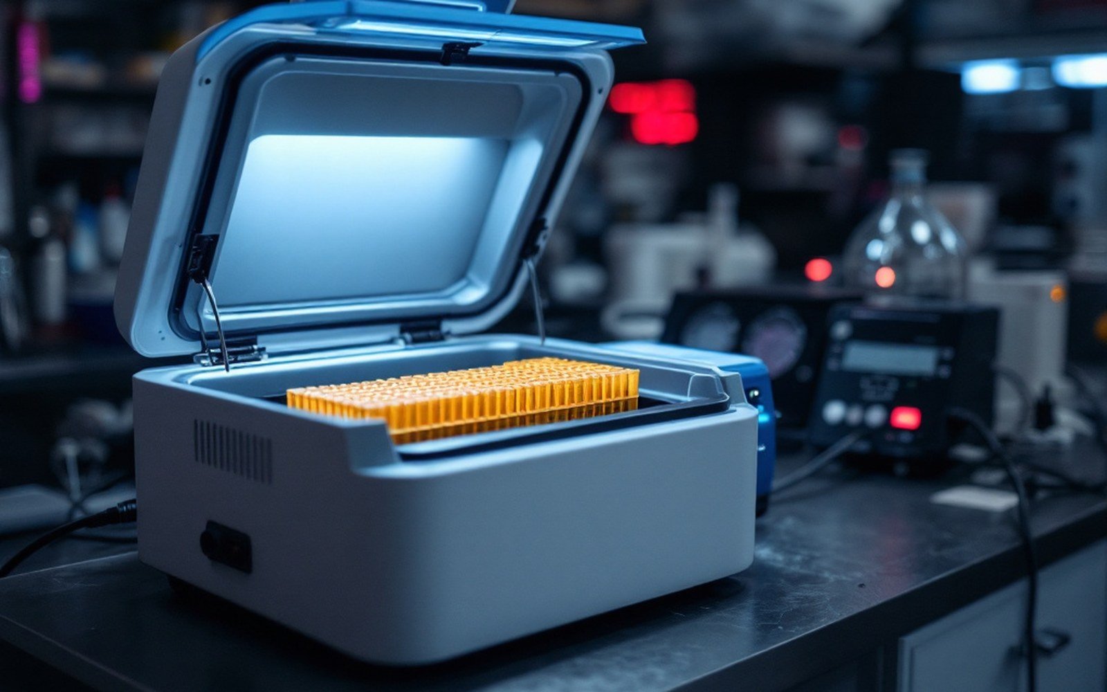 A benchtop thermal cycler with its lid open and tube strips inside, laboratory