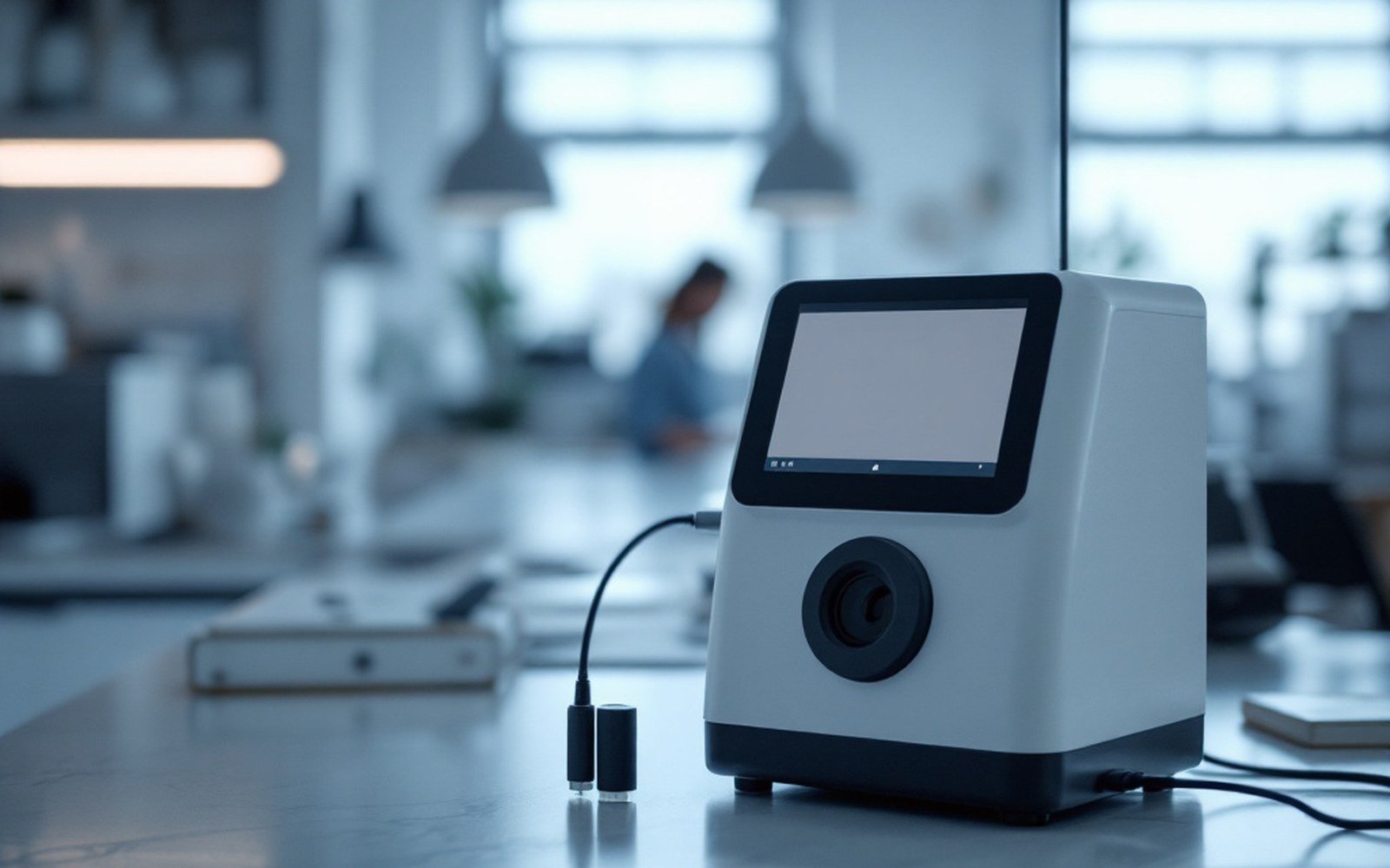 A compact bench instrument with a cartridge slot standing on a counter, plain room