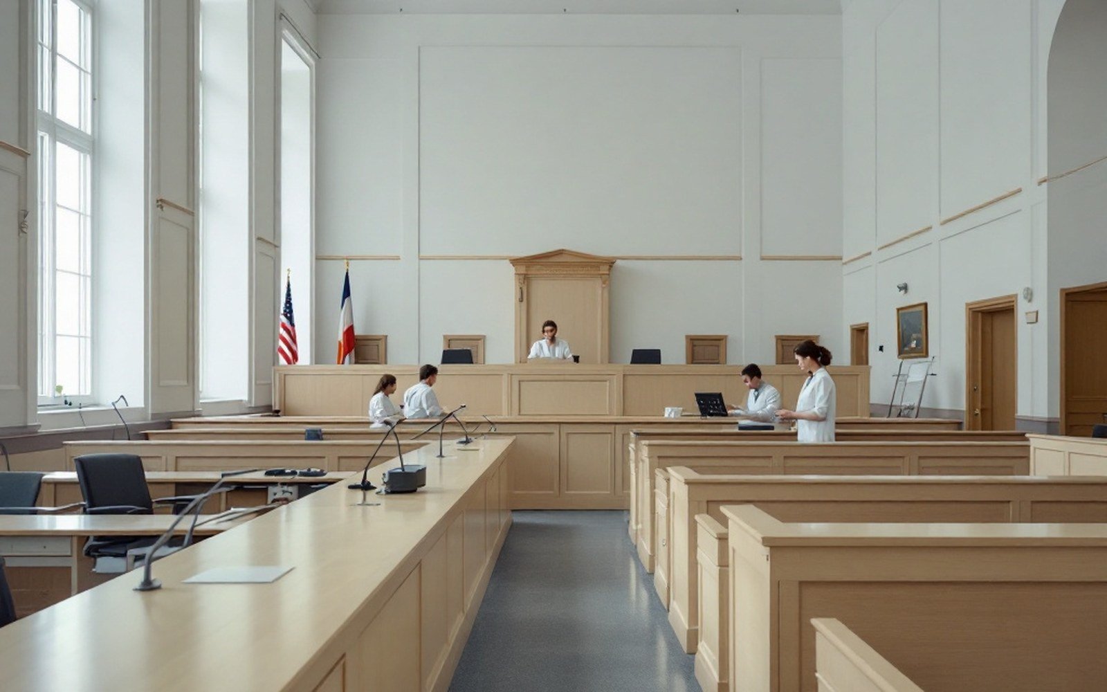 A formal European courtroom interior with a long raised bench of pale wood, rows of empty seats and tall windows, no flags, daylight