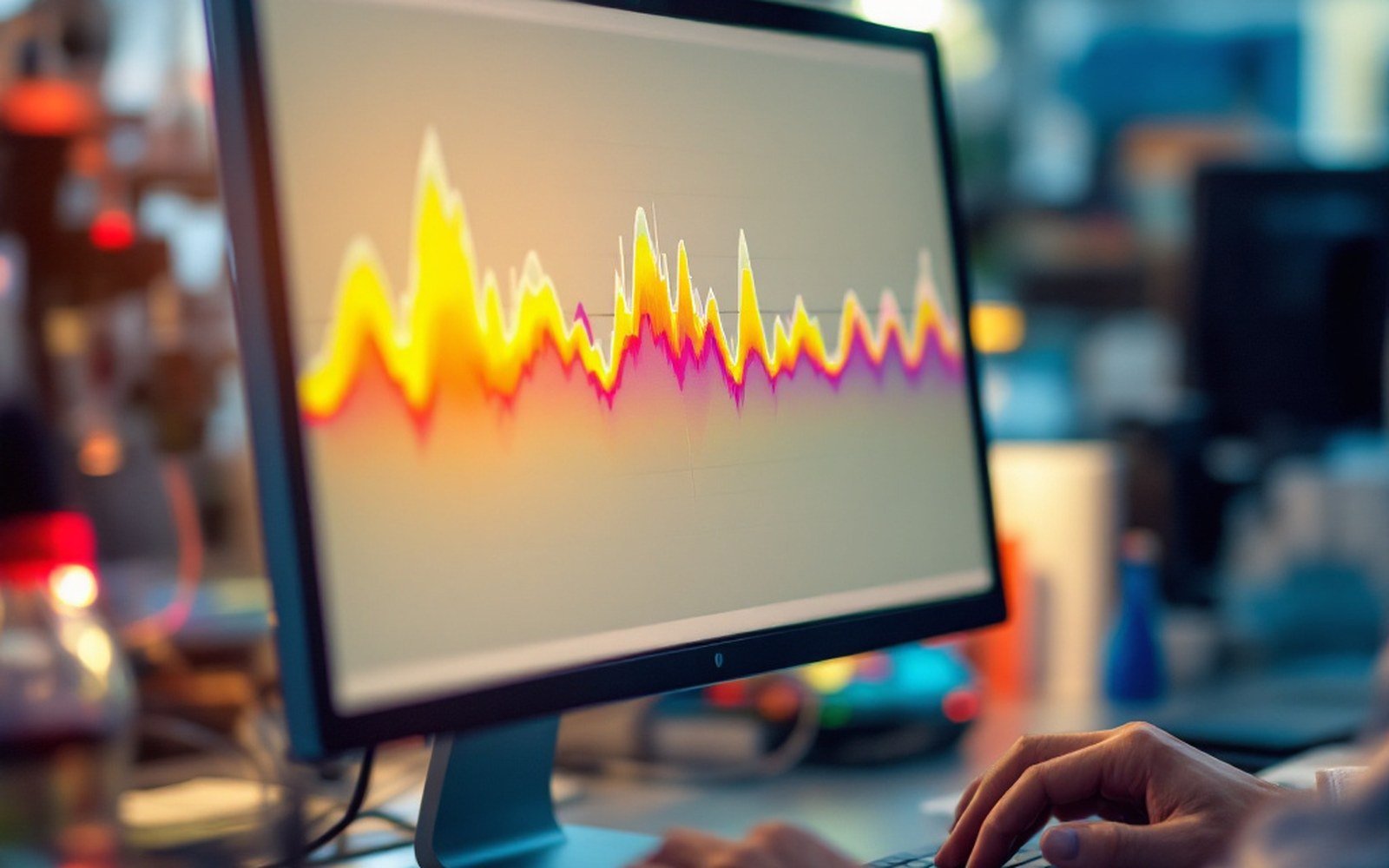 A computer screen showing a series of coloured peaks along an axis, laboratory desk