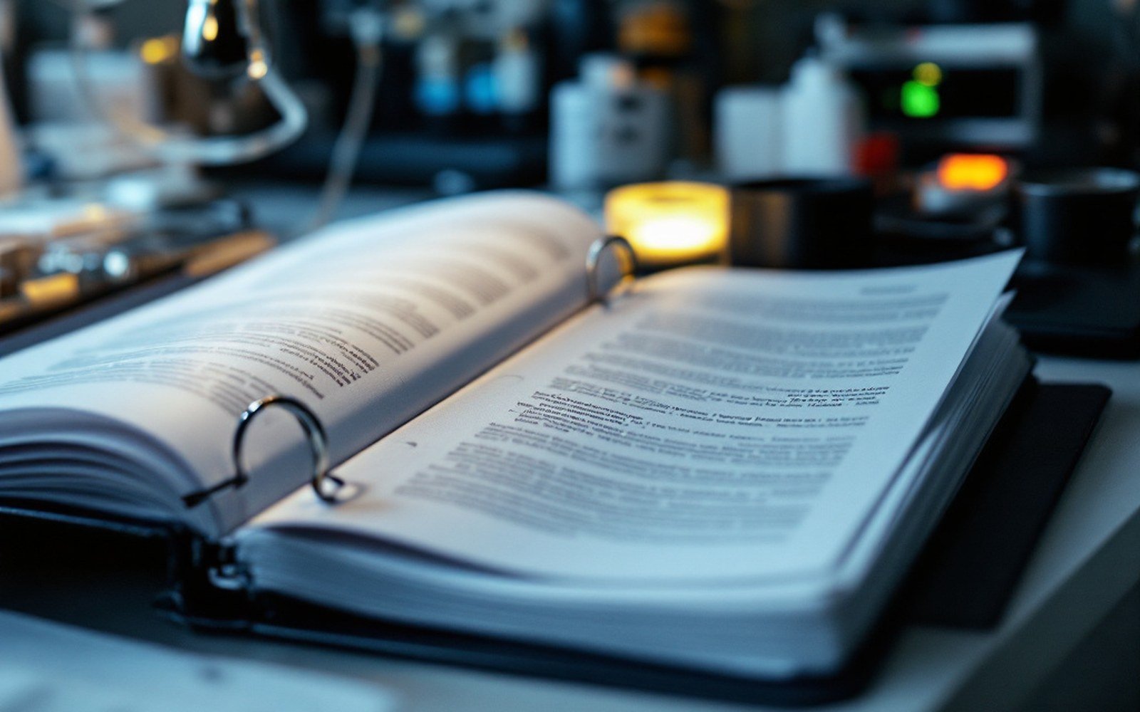 A ring binder of guidance open on a laboratory office desk