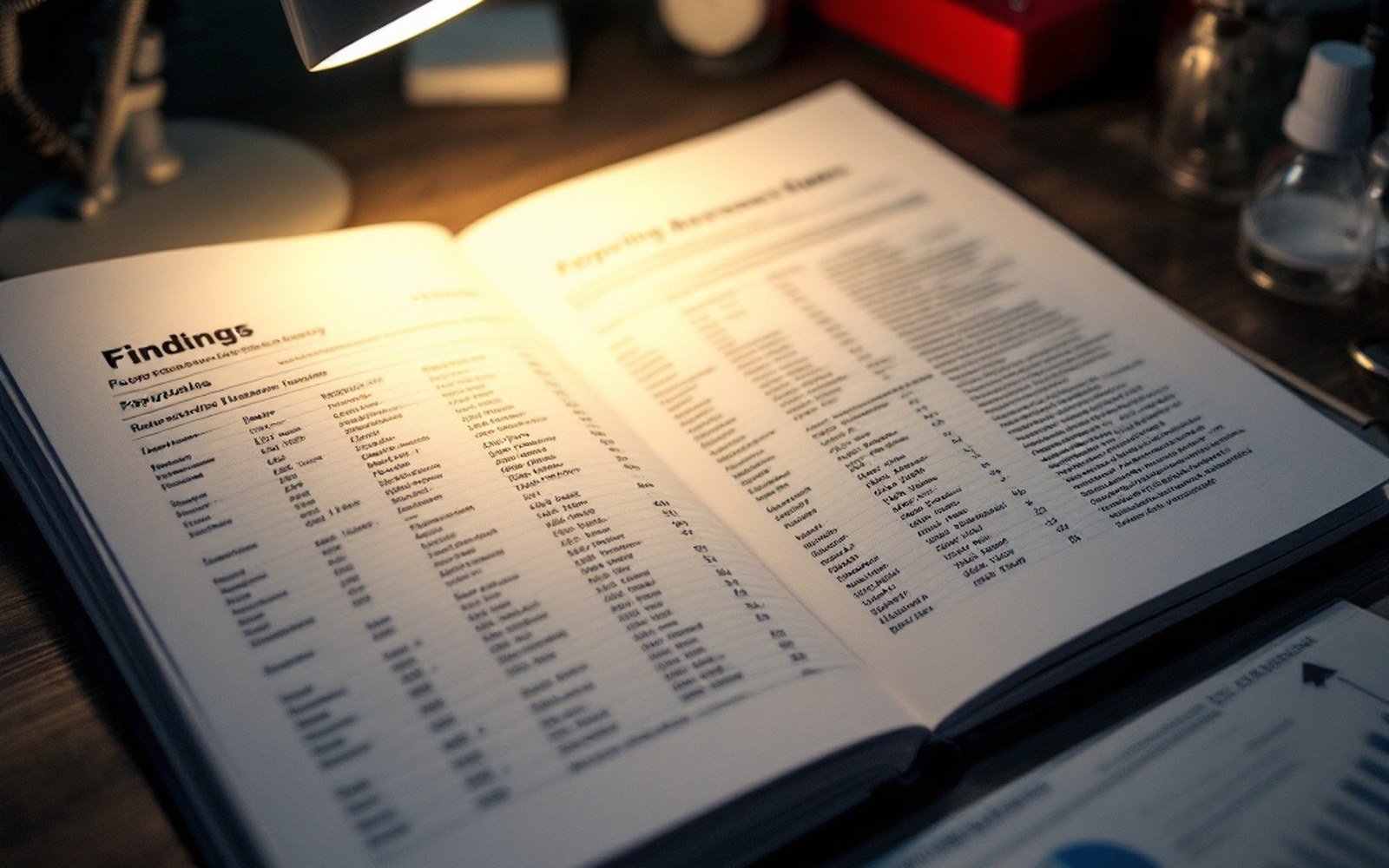 A printed report open at a page of numbered findings, desk lamp
