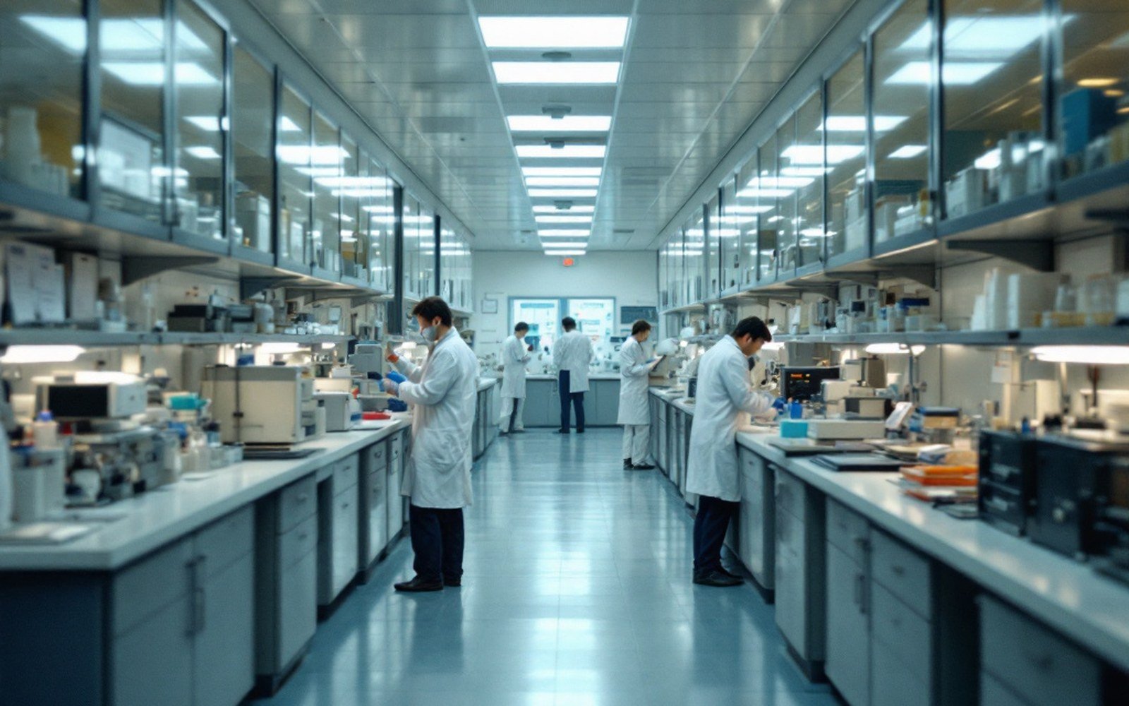A university laboratory corridor with doors and noticeboards, institutional light