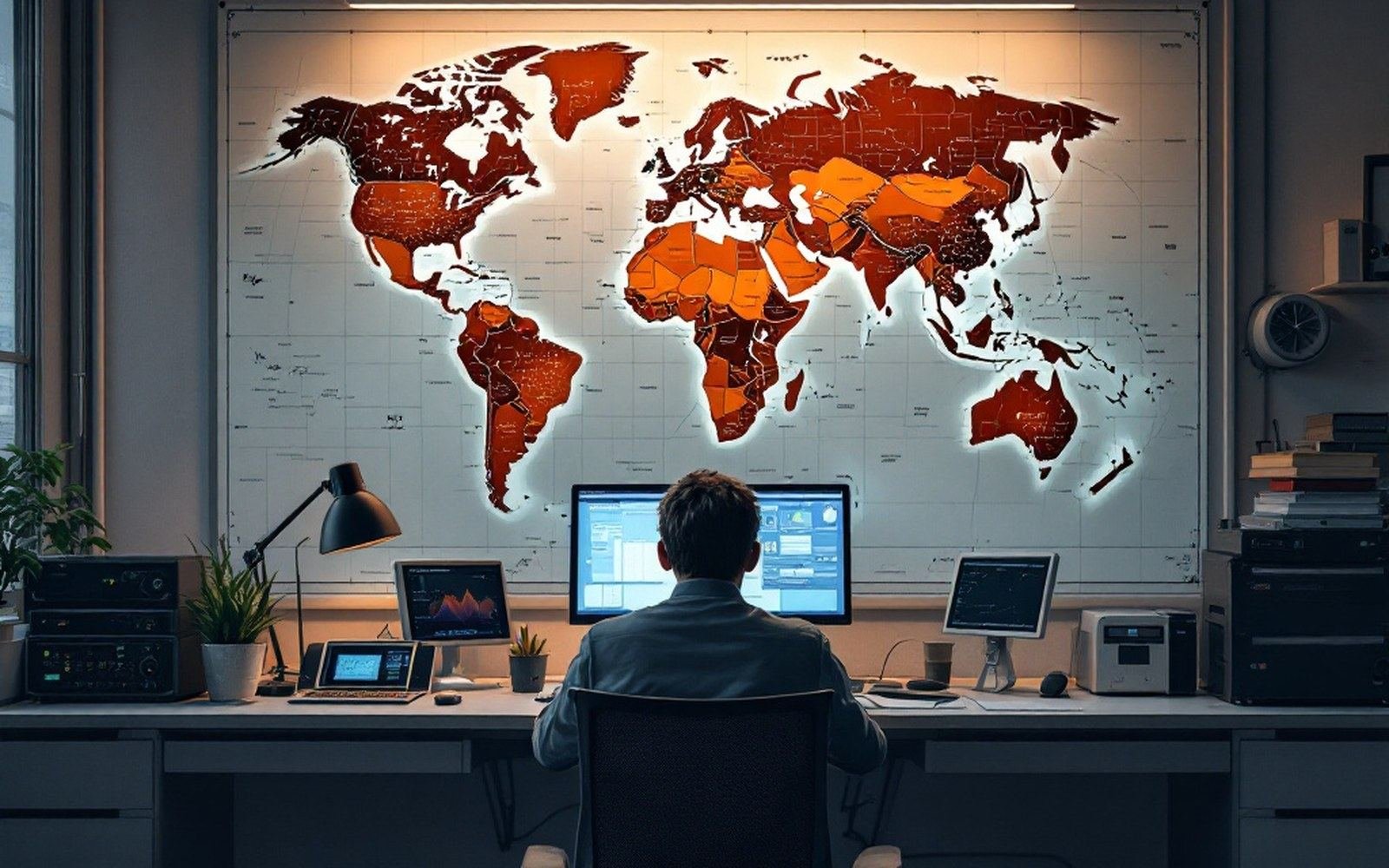 An office wall map of the world with a desk and terminal in front of it