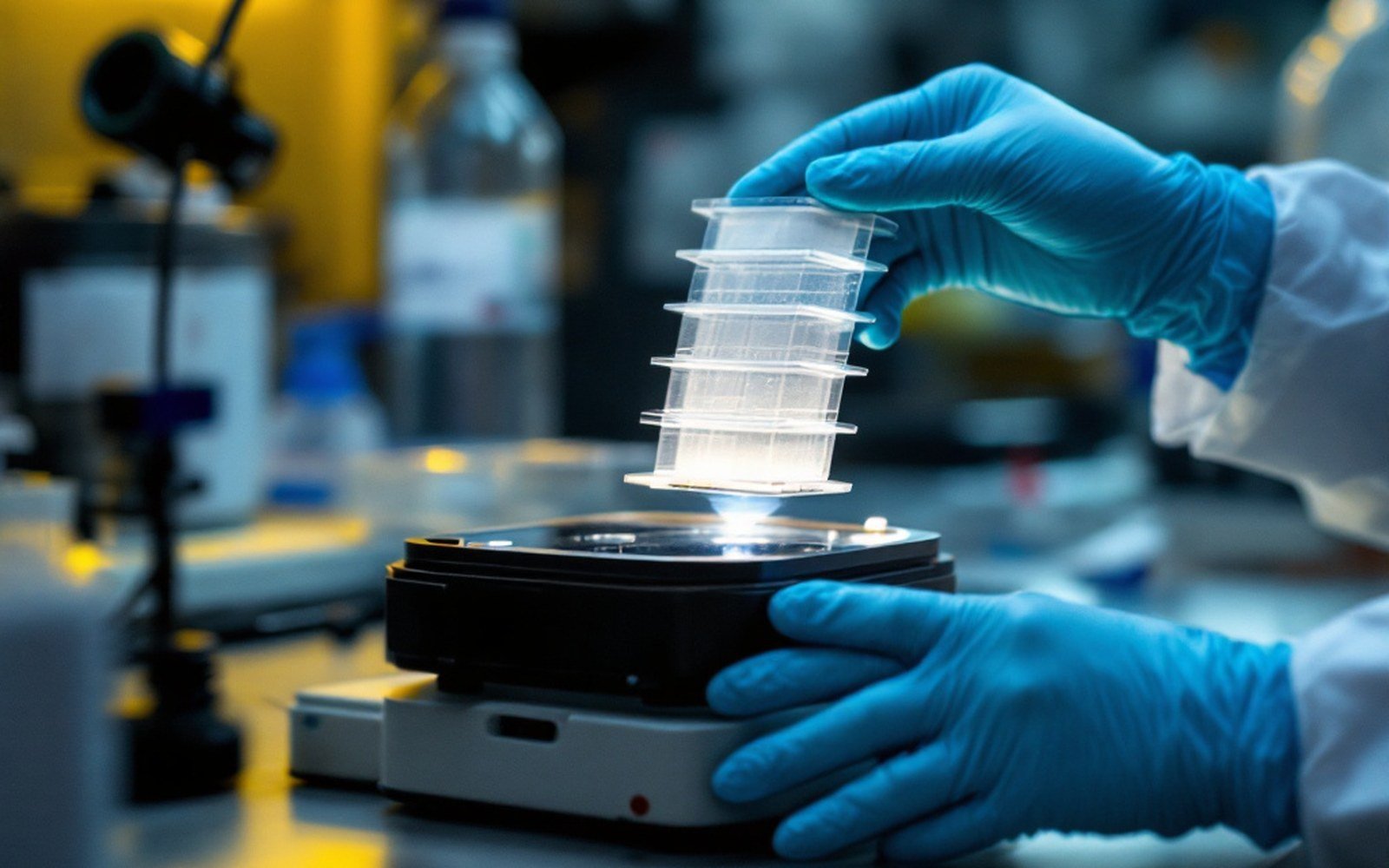 A membrane being lifted from a transfer stack in a laboratory, gloved adult hands, bench light