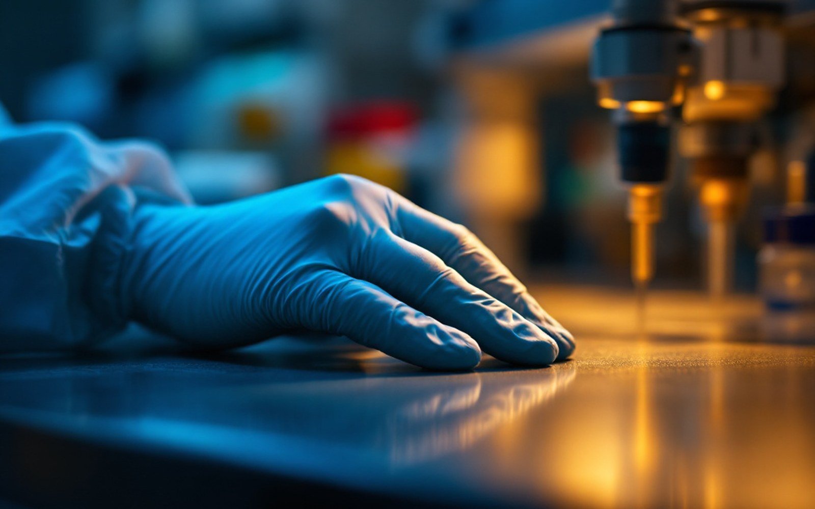 A gloved hand resting on a laboratory bench surface, very close, hard raking light