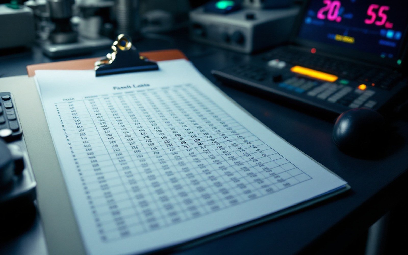 A printed table of numbered results clipped into a case folder on a desk